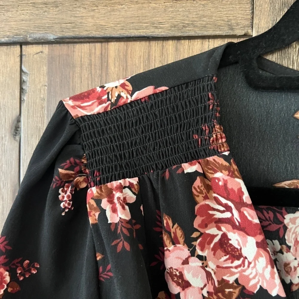 Leyden Floral-Print Faux Wrap Blouse Black/Pink/White Size XL EUC